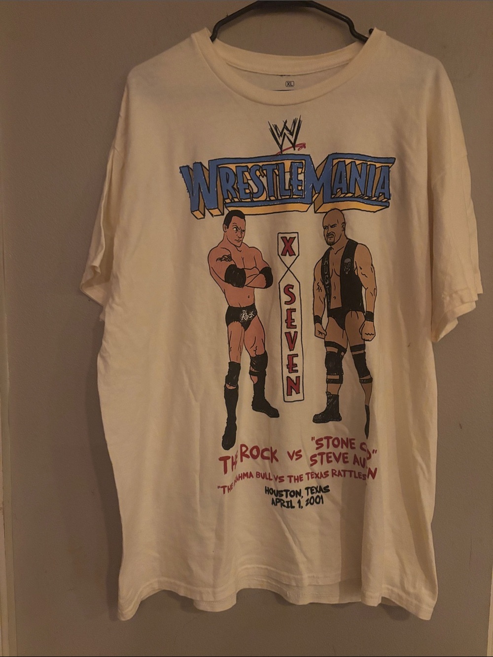 WWE WrestleMania X-Seven White Tee with Blue & Red Graphic
